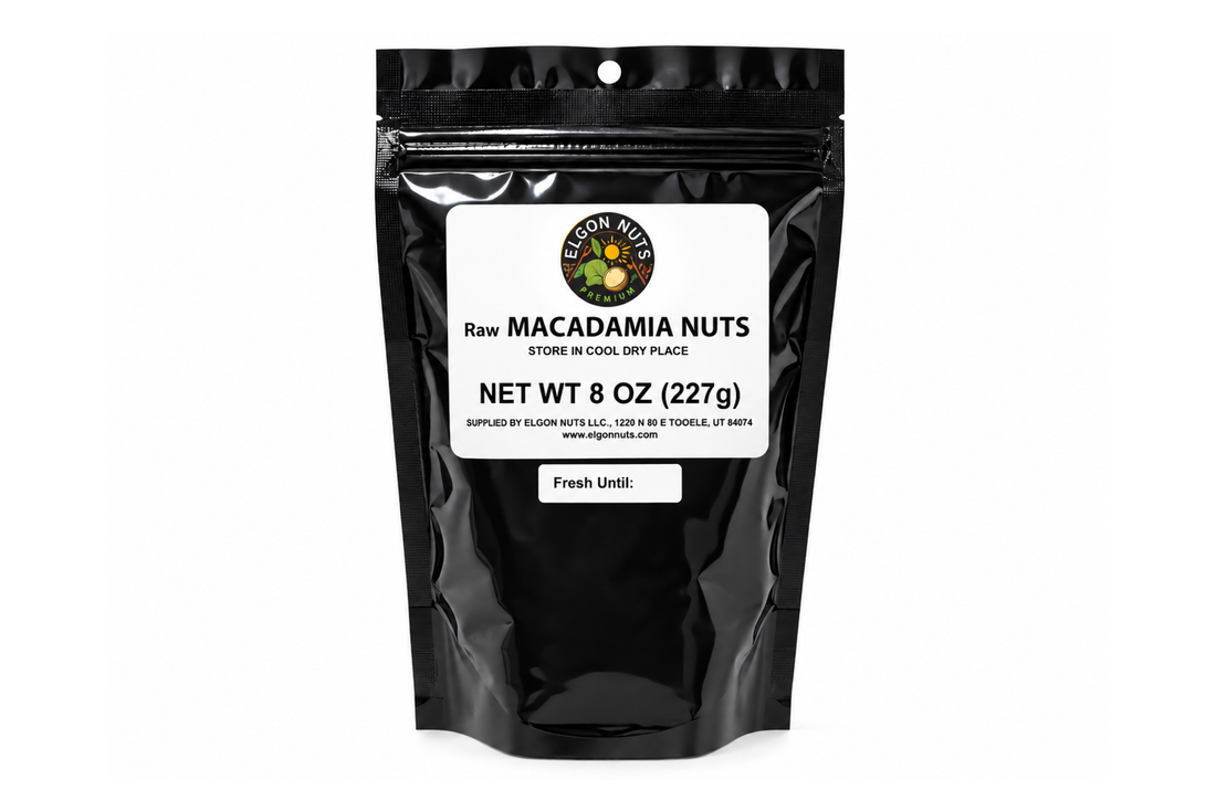 Front view of Elgon Nuts Raw Macadamia Nuts 8 oz package with product label